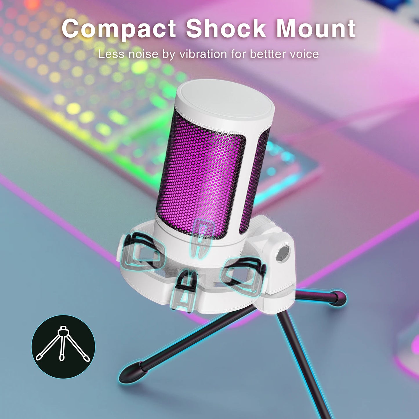 Micrófono USB AmpliGame A2W Blanco – RGB, Mute Rápido y Trípode para Gaming y Streaming Casual