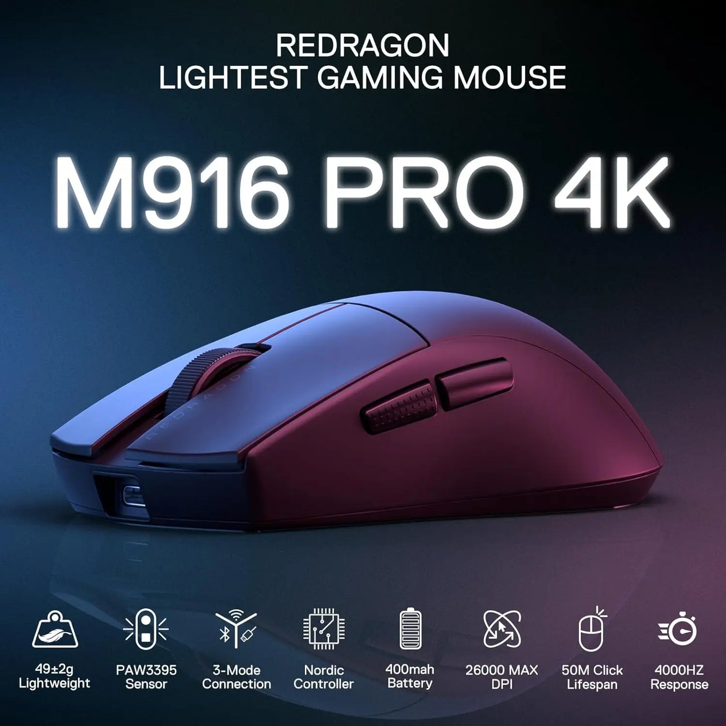 Redragon M916 PRO | Mouse Gamer 4K Wireless – 49g Ultraligero, 26K DPI, RGB