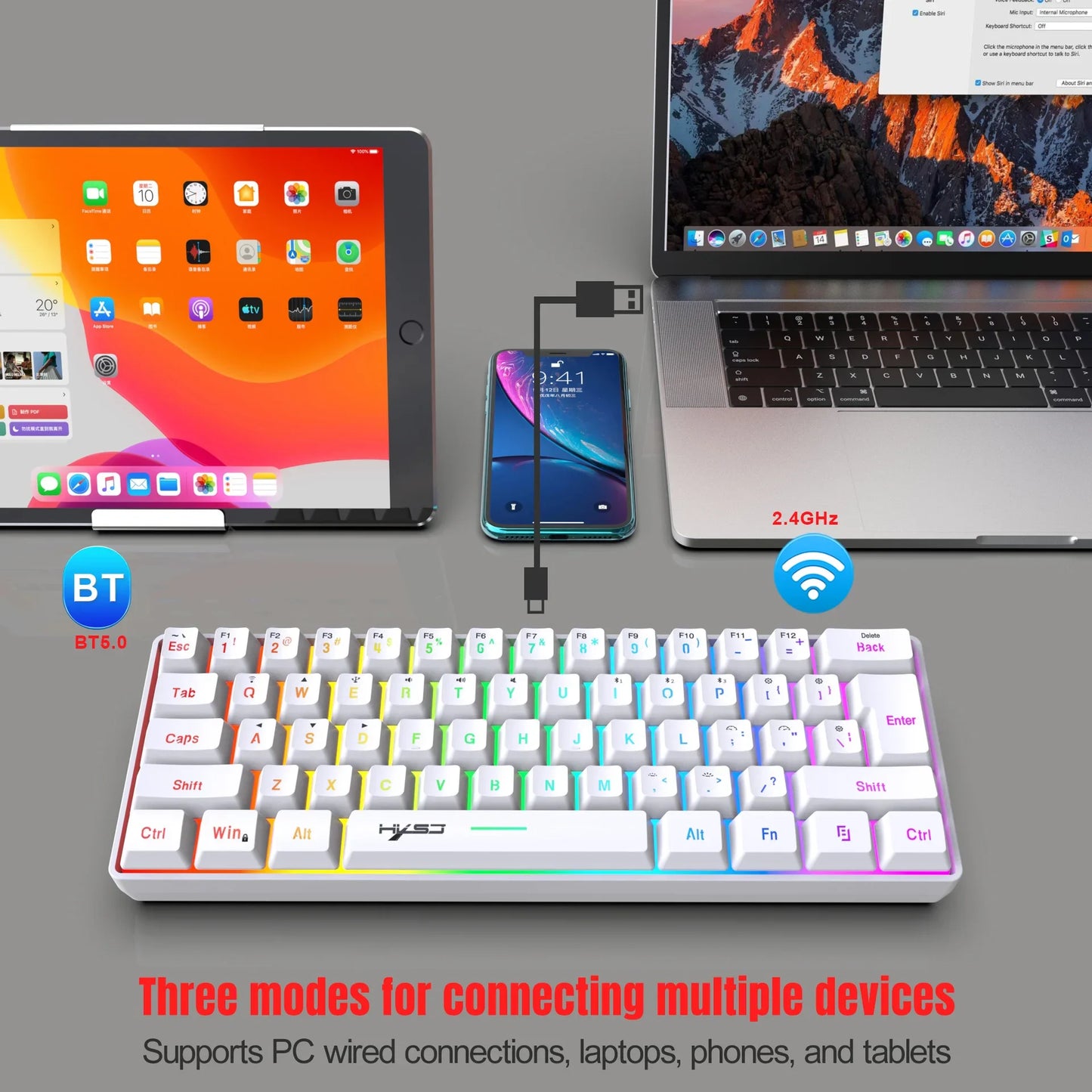 HXSJ L500 | Teclado Gamer Compacto 61 Teclas – RGB, Triple Modo (BT/2.4 GHz/Cable)