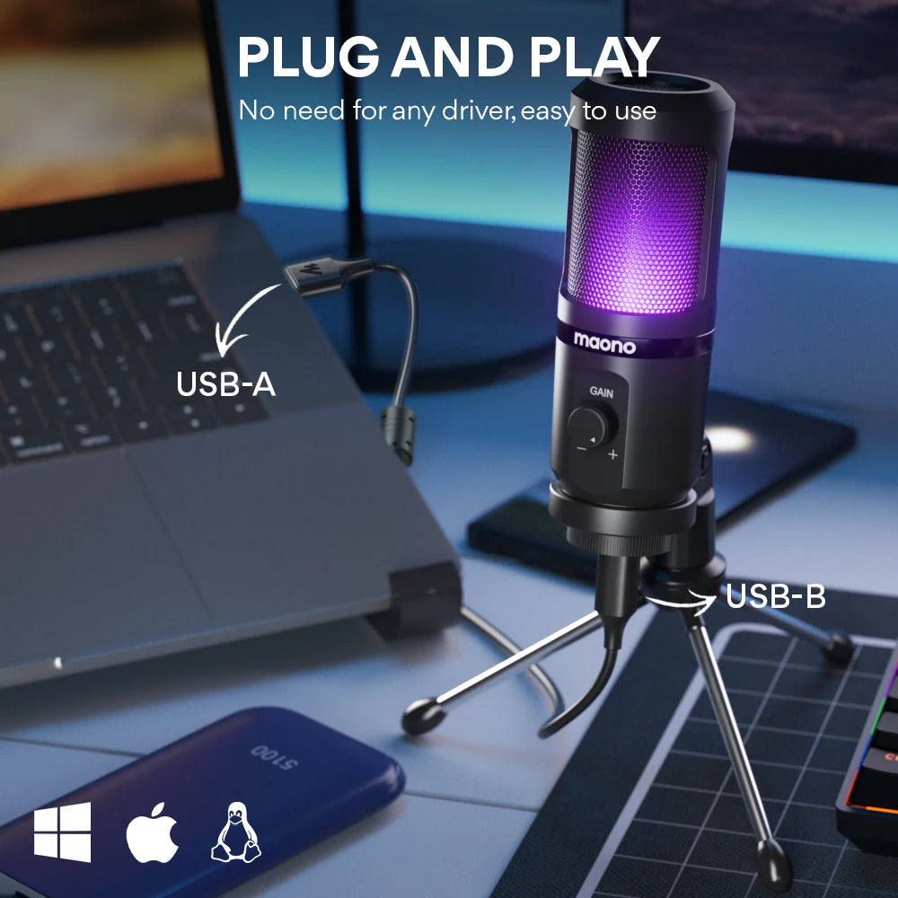 Micrófono USB Maono PM461TR RGB – Condensador de Escritorio con Luz Respirante para Gaming y Streaming Casual