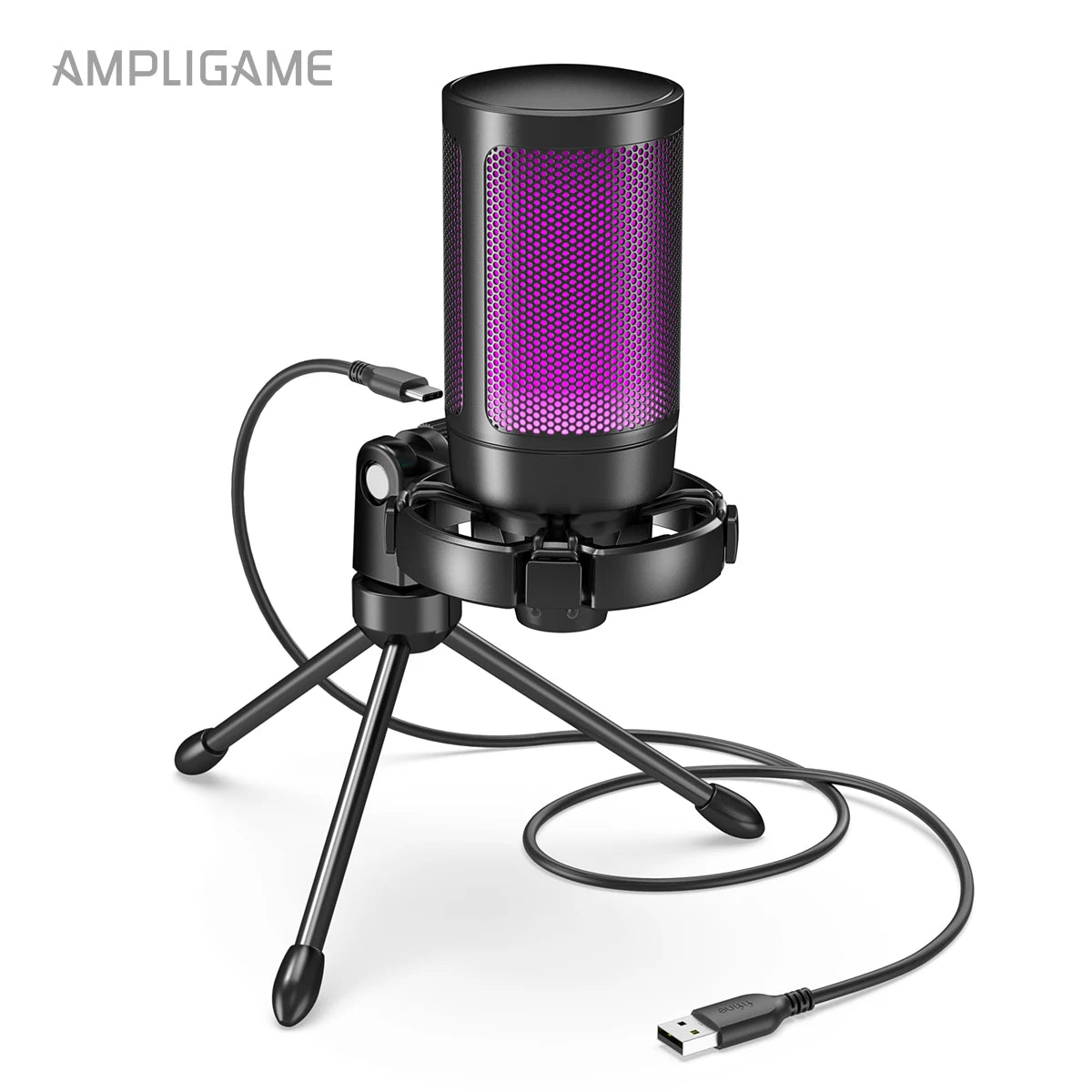 Micrófono USB AmpliGame A2W Blanco – RGB, Mute Rápido y Trípode para Gaming y Streaming Casual