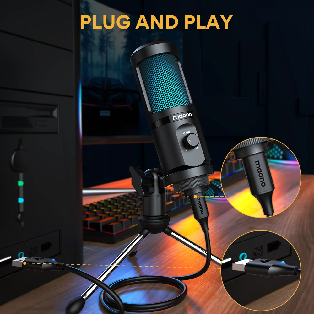 Micrófono USB Maono PM461TR RGB – Condensador de Escritorio con Luz Respirante para Gaming y Streaming Casual
