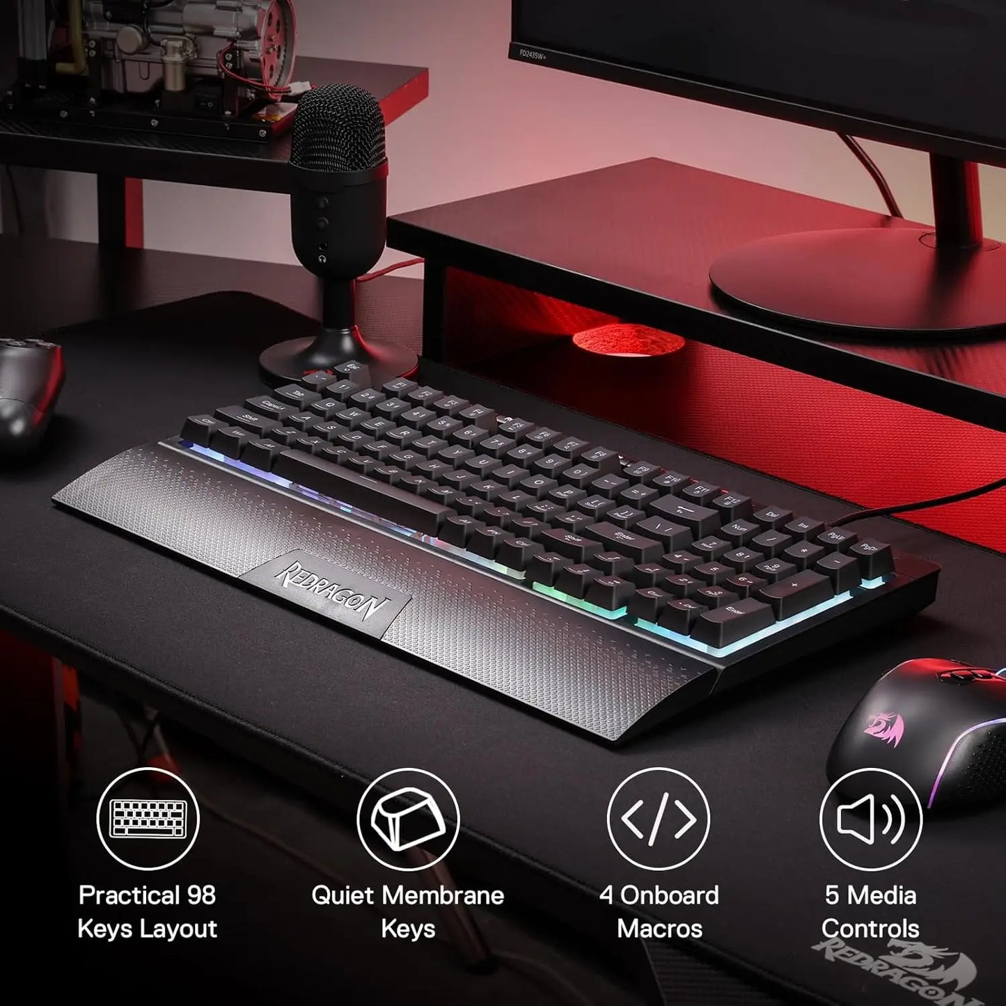 Redragon K515 SHIVA | Teclado Gamer RGB Membrana – 98 Teclas, Macros, Reposamuñecas Ergonómico