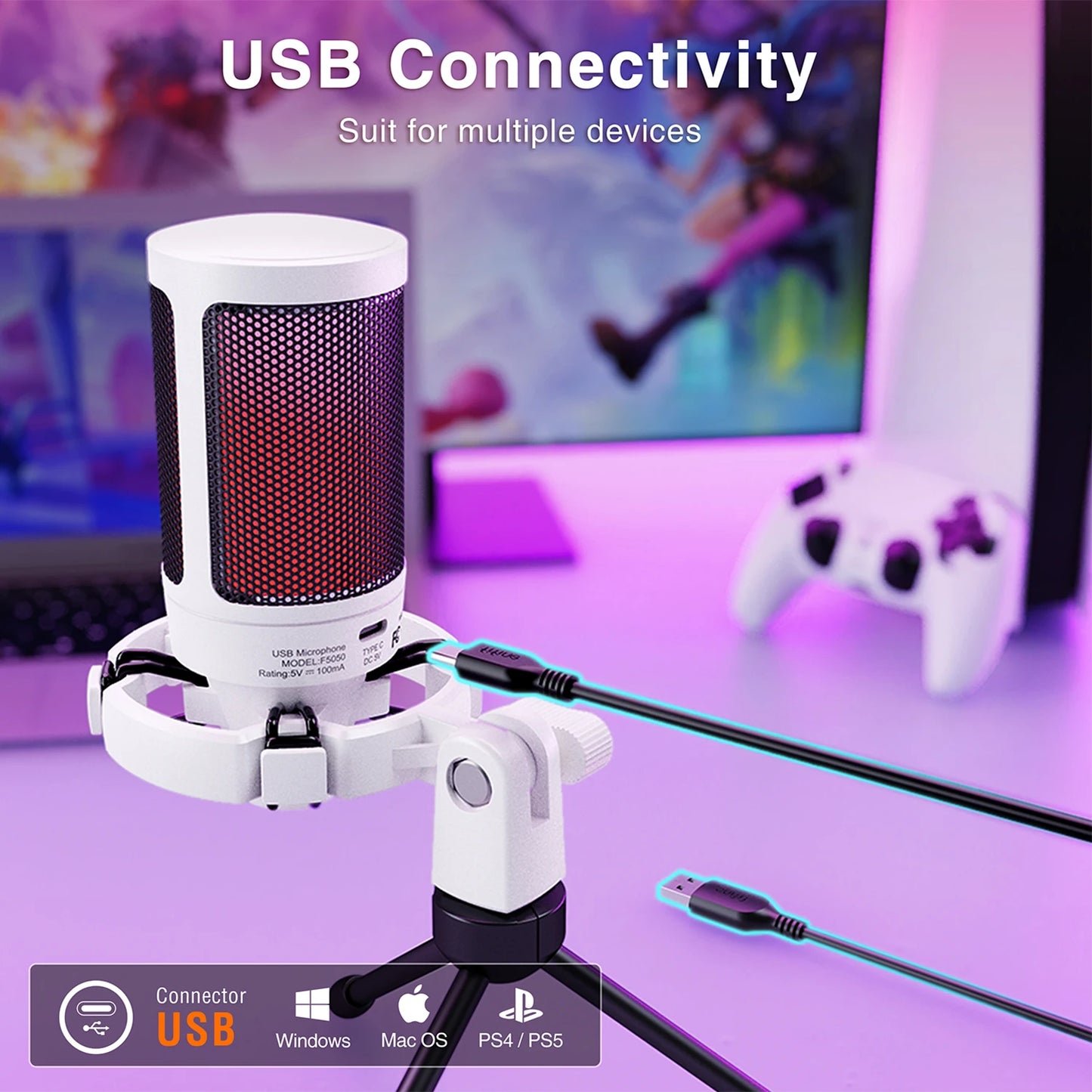 Micrófono USB AmpliGame A2W Blanco – RGB, Mute Rápido y Trípode para Gaming y Streaming Casual