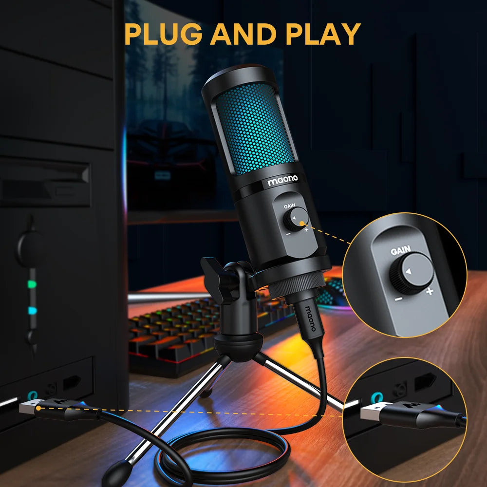 Micrófono USB Maono PM461TR RGB – Condensador de Escritorio con Luz Respirante para Gaming y Streaming Casual