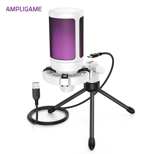 Micrófono USB AmpliGame A2W Blanco – RGB, Mute Rápido y Trípode para Gaming y Streaming Casual