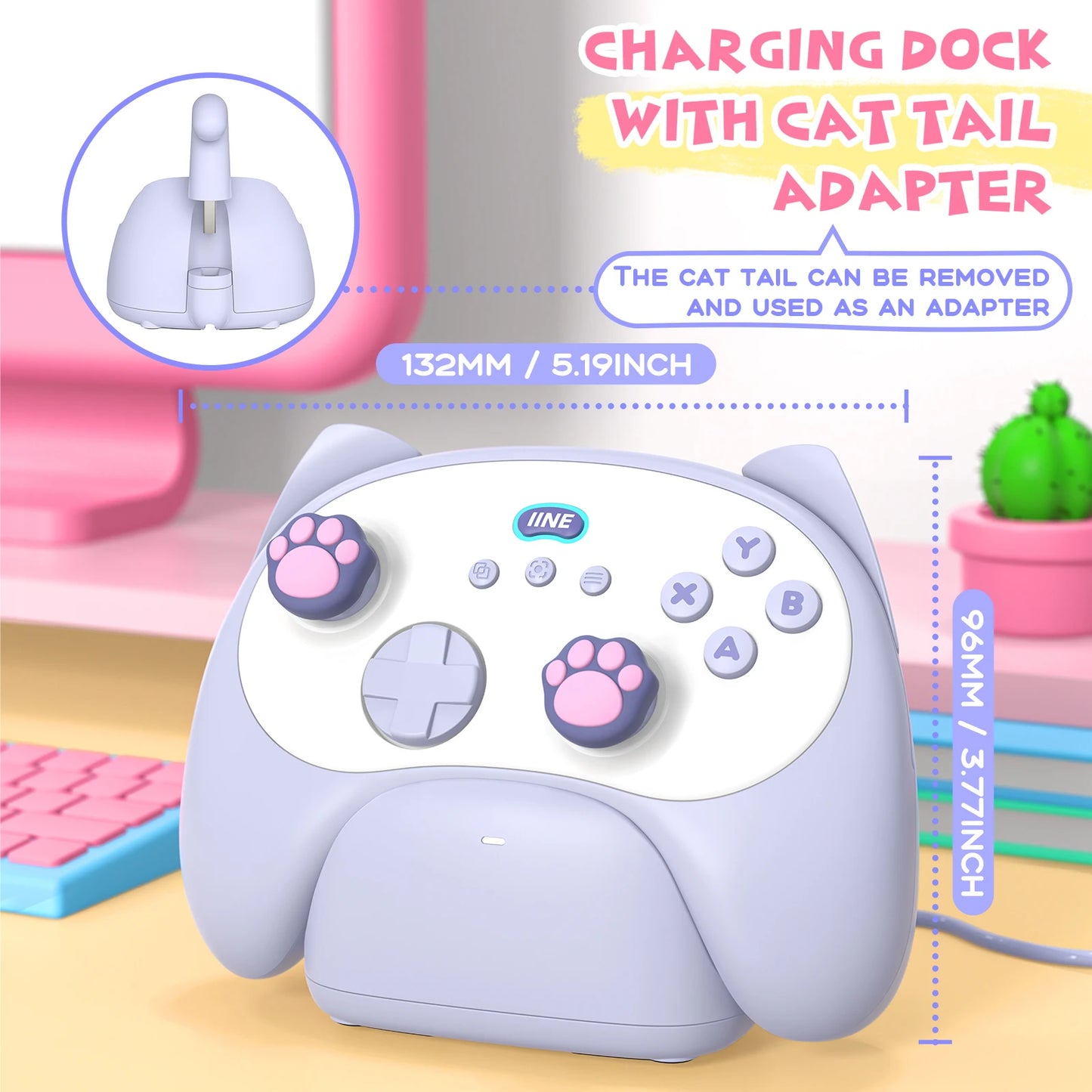 Controlador IINE Meow Cat con Base de Carga | Compatible con Switch, PC, iOS y Android