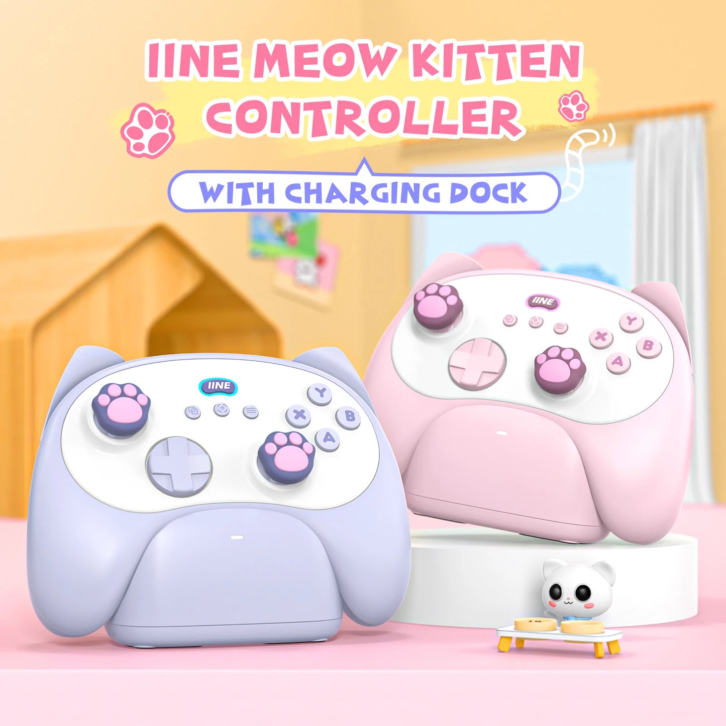 Controlador IINE Meow Cat con Base de Carga | Compatible con Switch, PC, iOS y Android