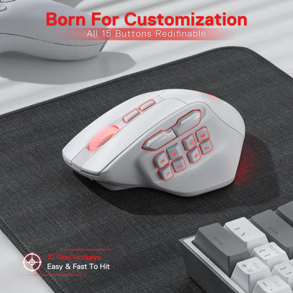 Redragon M811 PRO – Mouse Gamer Inalámbrico RGB con 15 Botones Programables y 10 Teclas Macro Laterales