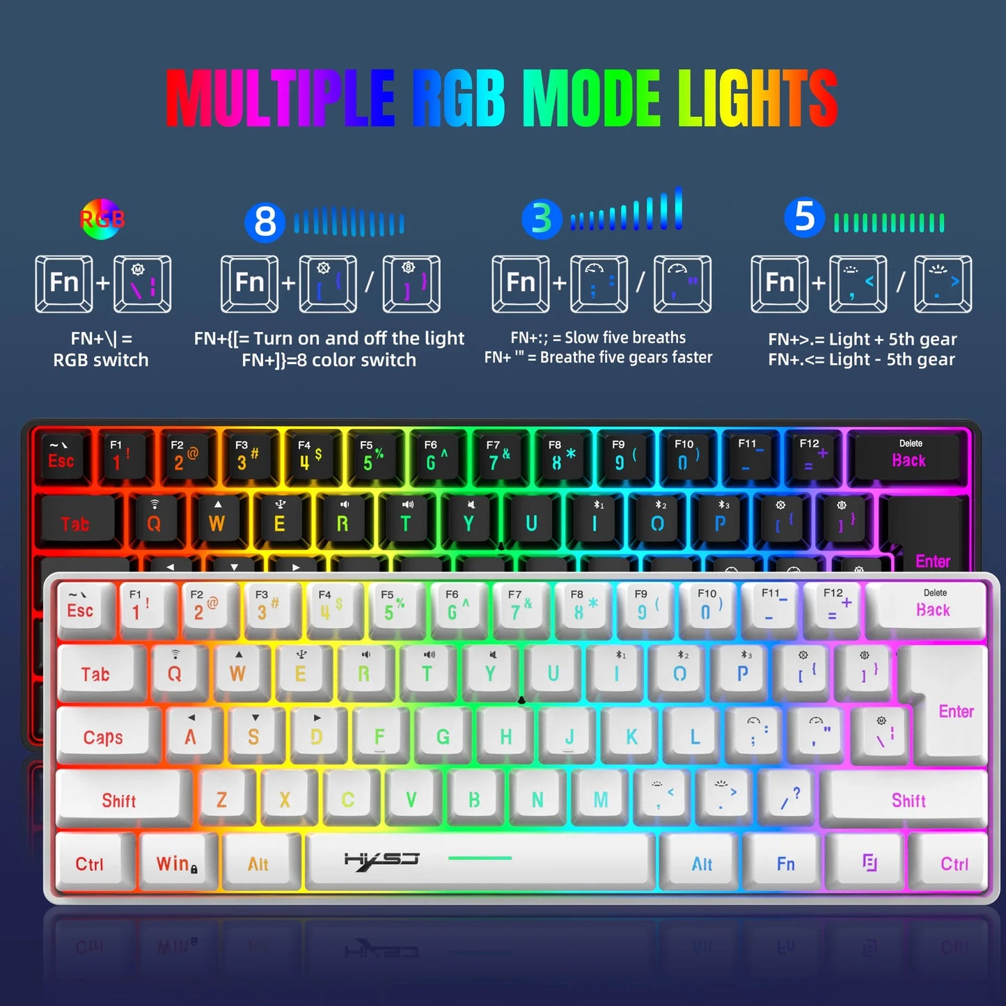 HXSJ L500 | Teclado Gamer Compacto 61 Teclas – RGB, Triple Modo (BT/2.4 GHz/Cable)