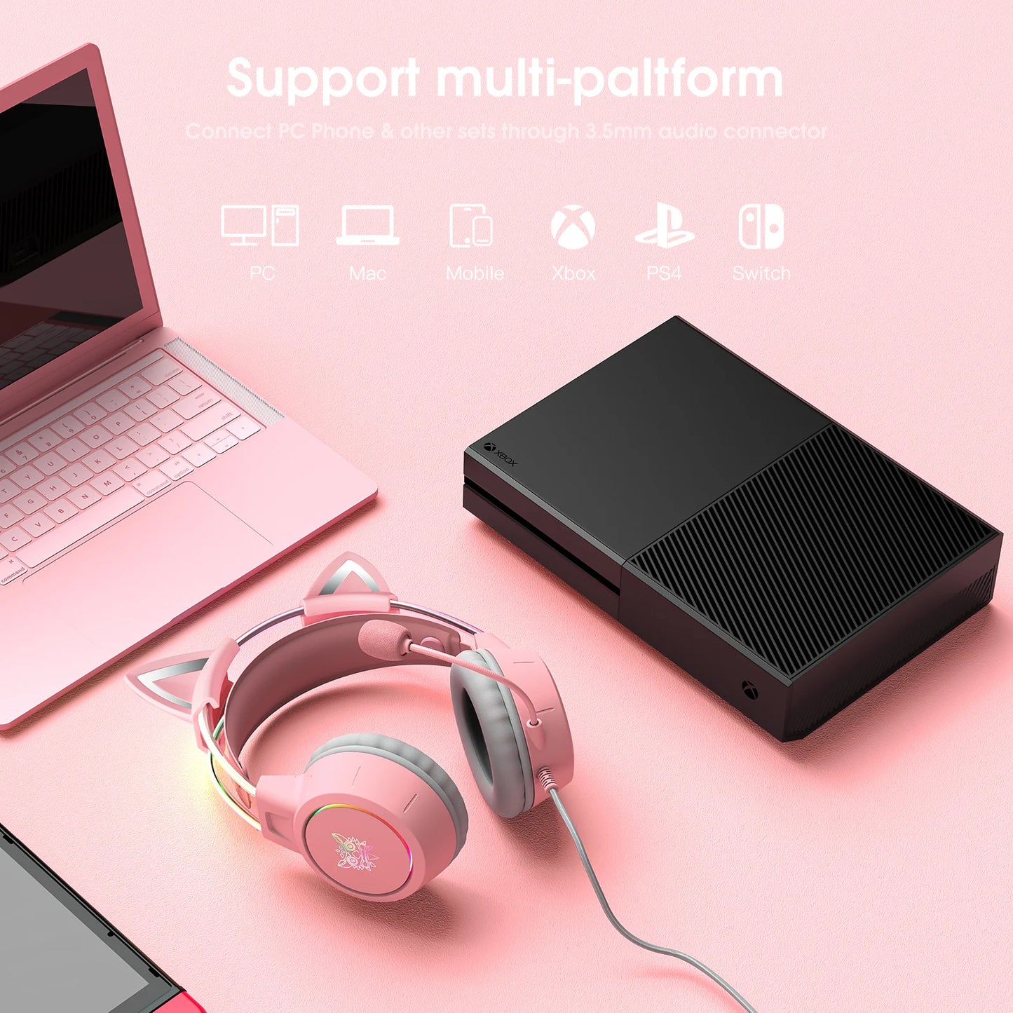 ONIKUMA Cat Ear Gaming Headset | Pink RGB Sound + Mic Cancelación Ruido