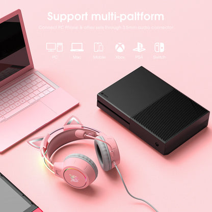 ONIKUMA Cat Ear Gaming Headset | Pink RGB Sound + Mic Cancelación Ruido