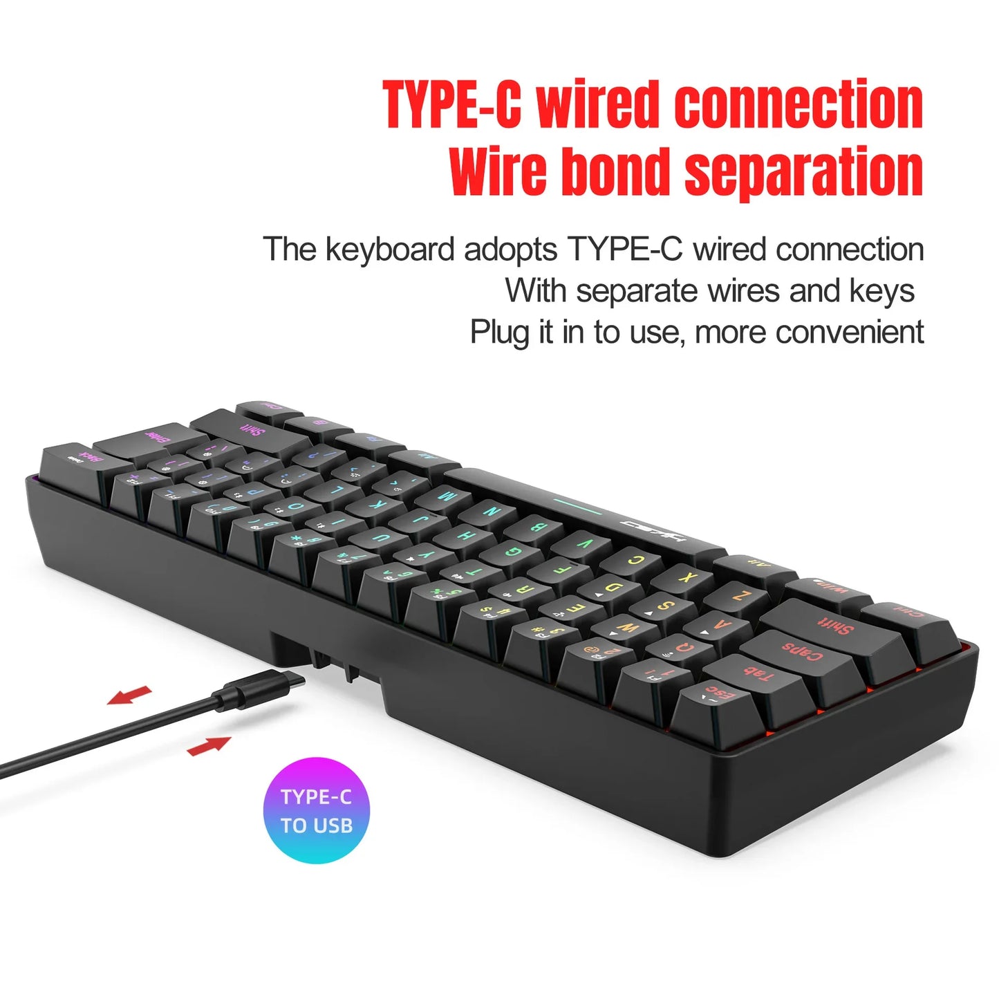 HXSJ L500 | Teclado Gamer Compacto 61 Teclas – RGB, Triple Modo (BT/2.4 GHz/Cable)