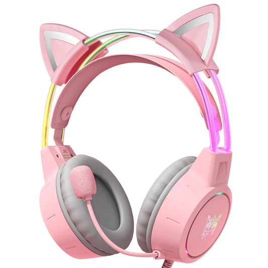 ONIKUMA Cat Ear Gaming Headset | Pink RGB Sound + Mic Cancelación Ruido